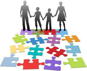 Puzzle pieces symbols of problems facing broken family and solution